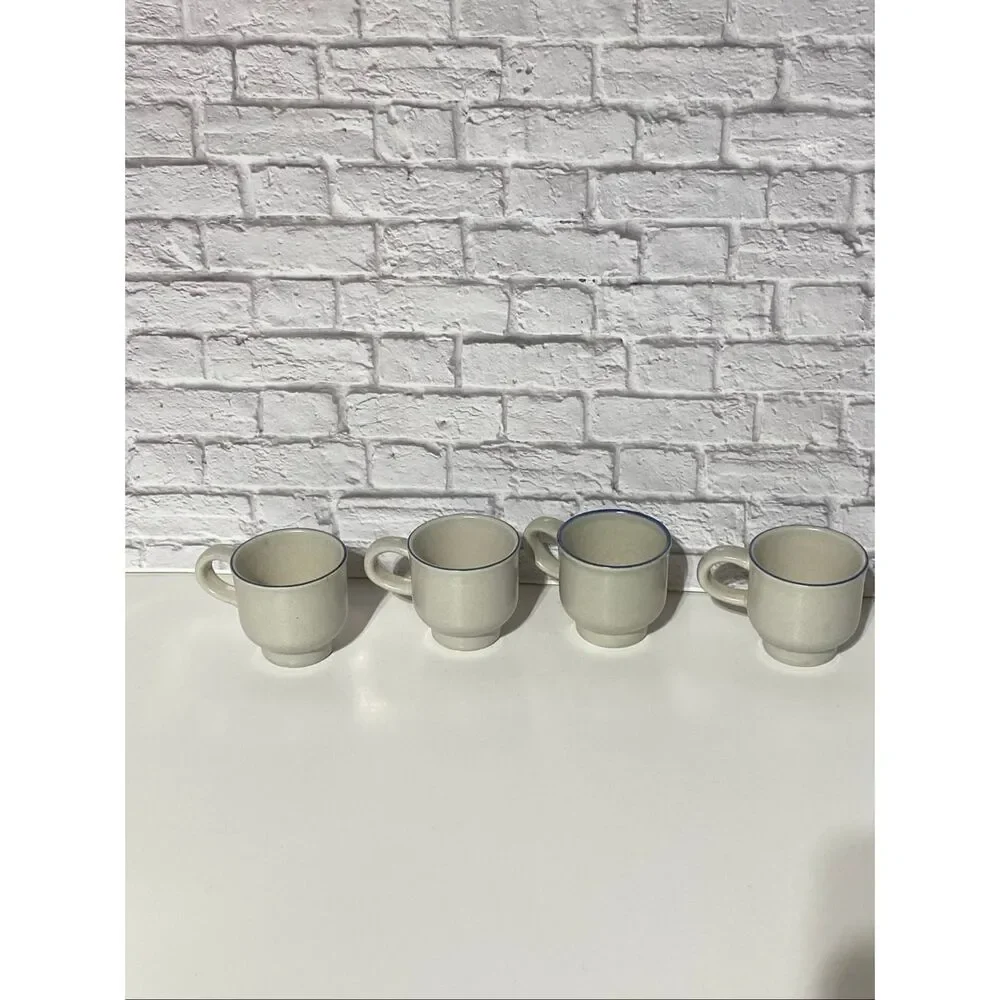 Pfaltzgraff Blue Floral Stoneware Coffee Mugs Set of 4 Cream Beige Farmhouse Cup